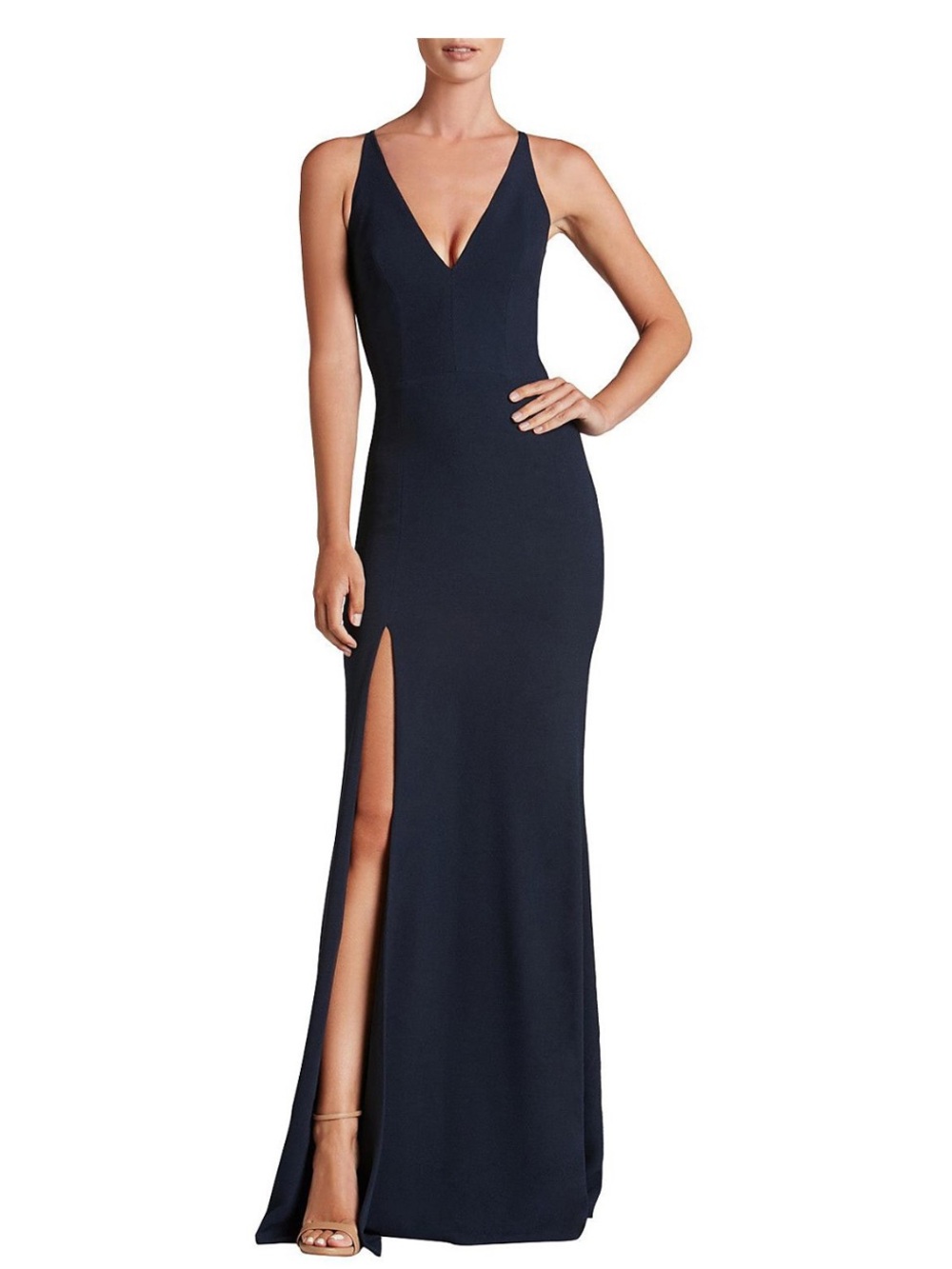 Dress The Population midnight blue high slit dress. Medium.